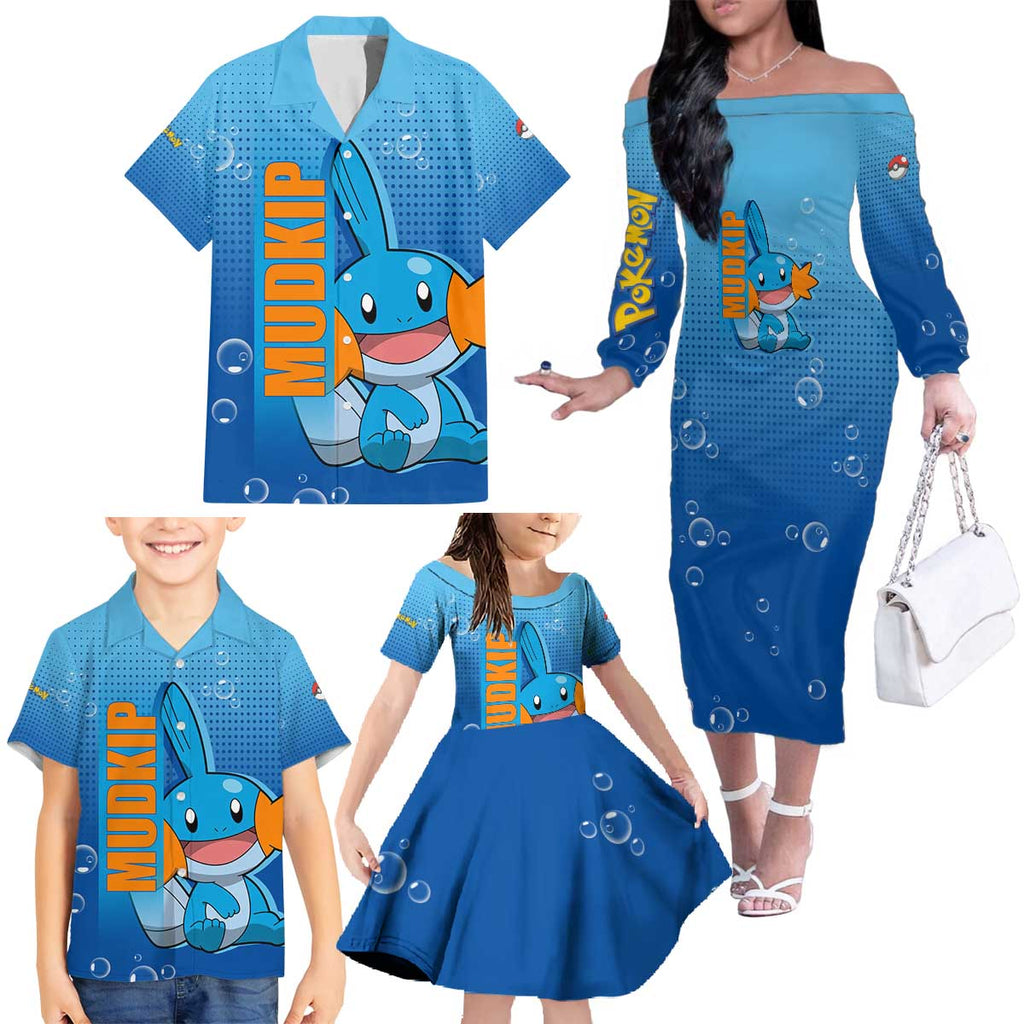 Mudkip from Poké Family Matching Off The Shoulder Long Sleeve Dress and Hawaiian Shirt with Water Type Ability and Playful Pose Design - The Mazicc