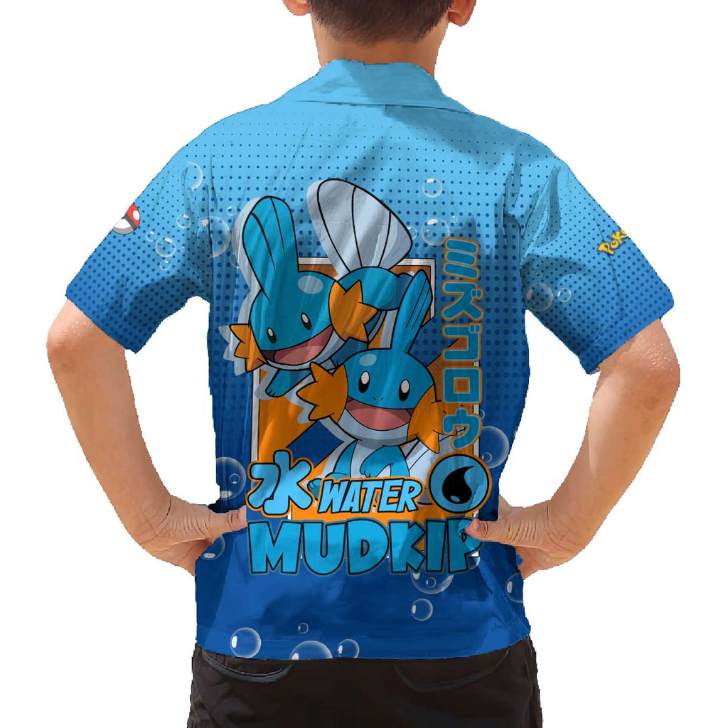 Mudkip from Poké Family Matching Off The Shoulder Long Sleeve Dress and Hawaiian Shirt with Water Type Ability and Playful Pose Design - The Mazicc