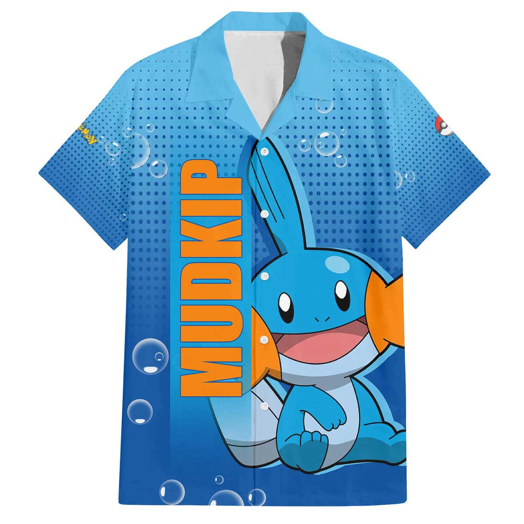 Mudkip from Poké Family Matching Off The Shoulder Long Sleeve Dress and Hawaiian Shirt with Water Type Ability and Playful Pose Design - The Mazicc