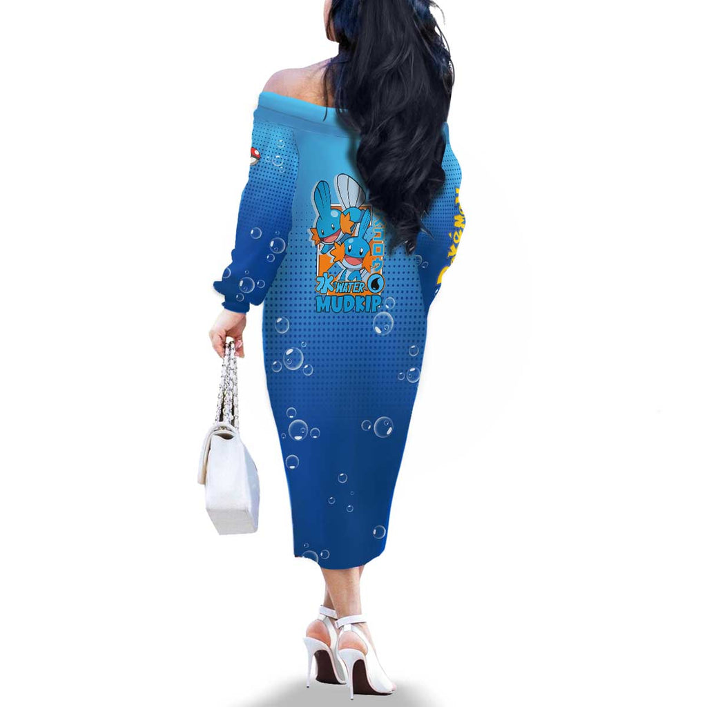 Mudkip from Poké Family Matching Off The Shoulder Long Sleeve Dress and Hawaiian Shirt with Water Type Ability and Playful Pose Design - The Mazicc