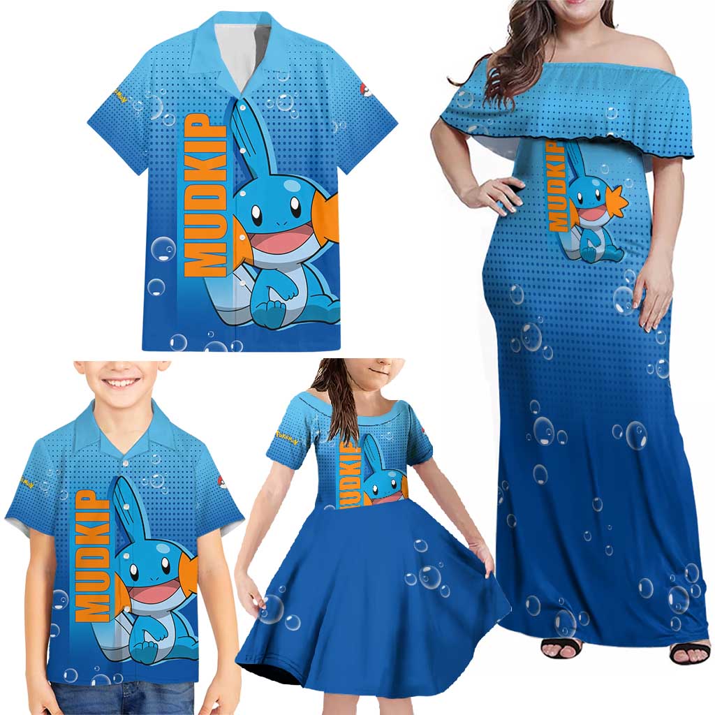 Mudkip from Poké Family Matching Off Shoulder Maxi Dress and Hawaiian Shirt with Water Type Ability and Playful Pose Design - The Mazicc