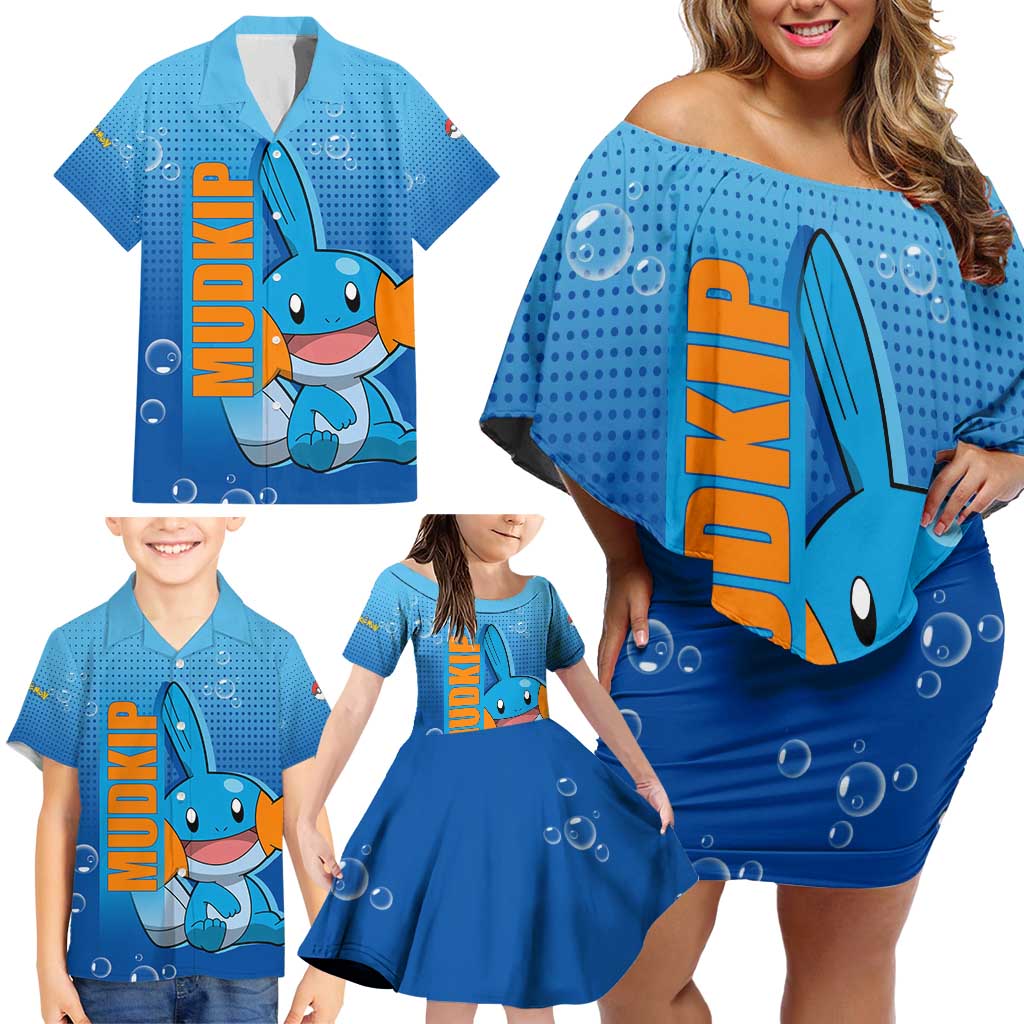 Mudkip from Poké Family Matching Off Shoulder Short Dress and Hawaiian Shirt with Water Type Ability and Playful Pose Design - The Mazicc