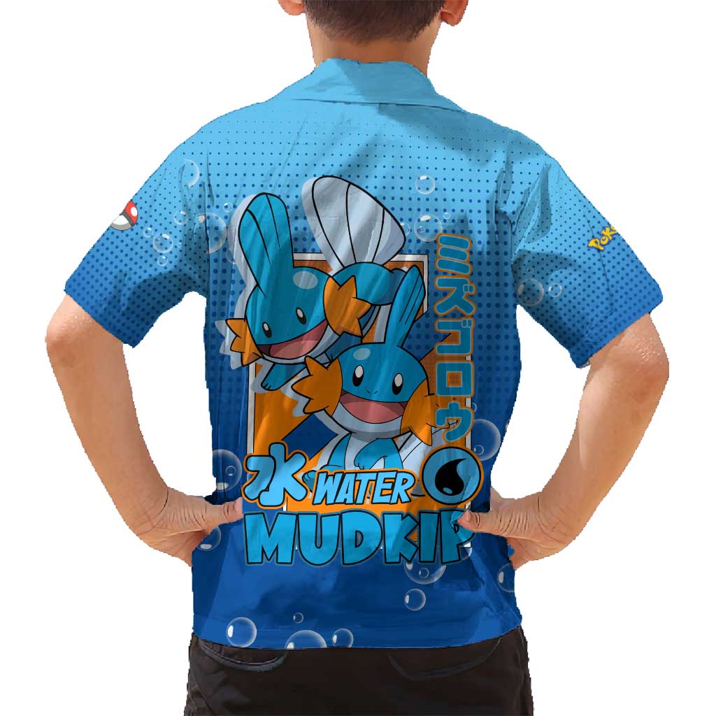 Mudkip from Poké Family Matching Off Shoulder Short Dress and Hawaiian Shirt with Water Type Ability and Playful Pose Design - The Mazicc