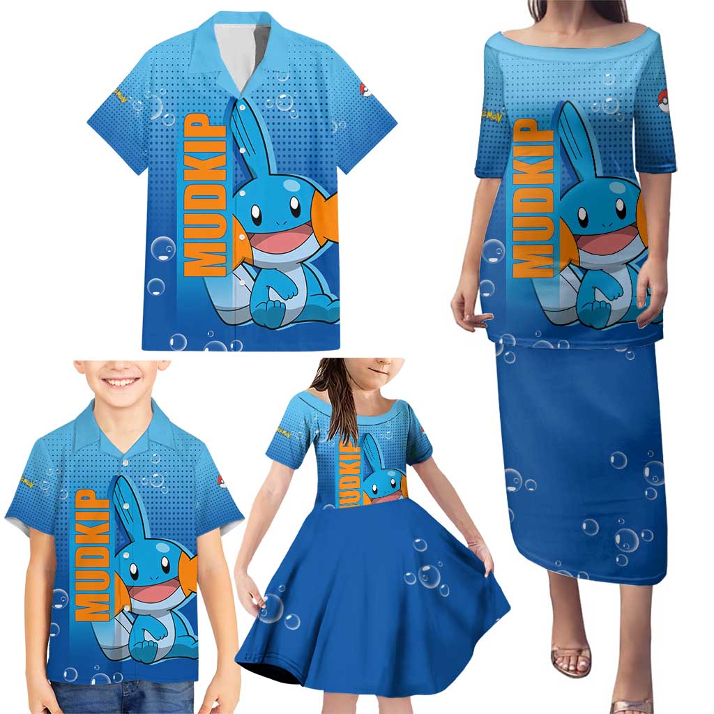 Mudkip from Poké Family Matching Puletasi and Hawaiian Shirt with Water Type Ability and Playful Pose Design - The Mazicc