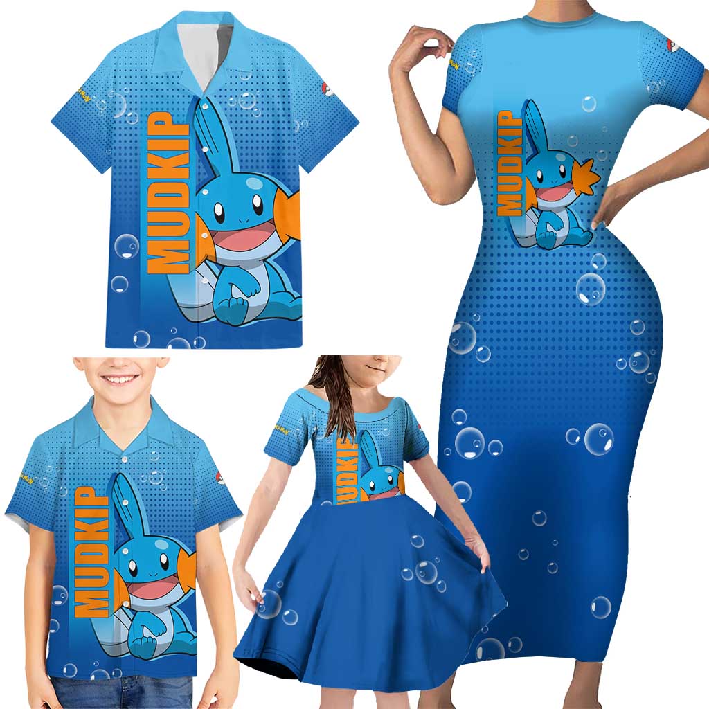Mudkip from Poké Family Matching Short Sleeve Bodycon Dress and Hawaiian Shirt with Water Type Ability and Playful Pose Design - The Mazicc
