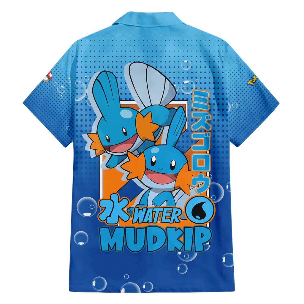Mudkip from Poké Family Matching Short Sleeve Bodycon Dress and Hawaiian Shirt with Water Type Ability and Playful Pose Design - The Mazicc