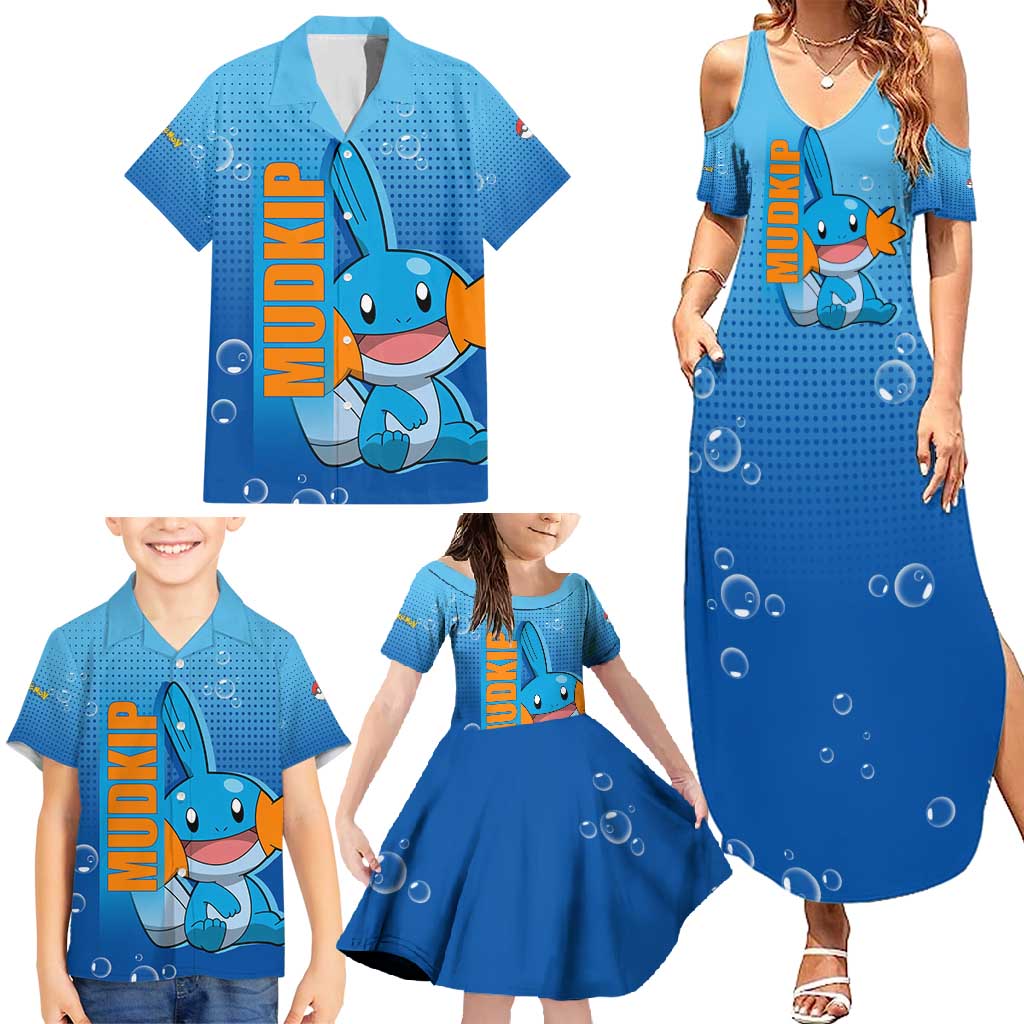 Mudkip from Poké Family Matching Summer Maxi Dress and Hawaiian Shirt with Water Type Ability and Playful Pose Design - The Mazicc