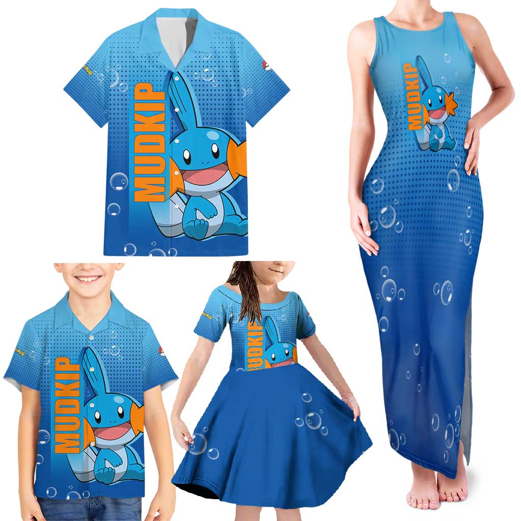 Mudkip from Poké Family Matching Tank Maxi Dress and Hawaiian Shirt with Water Type Ability and Playful Pose Design - The Mazicc