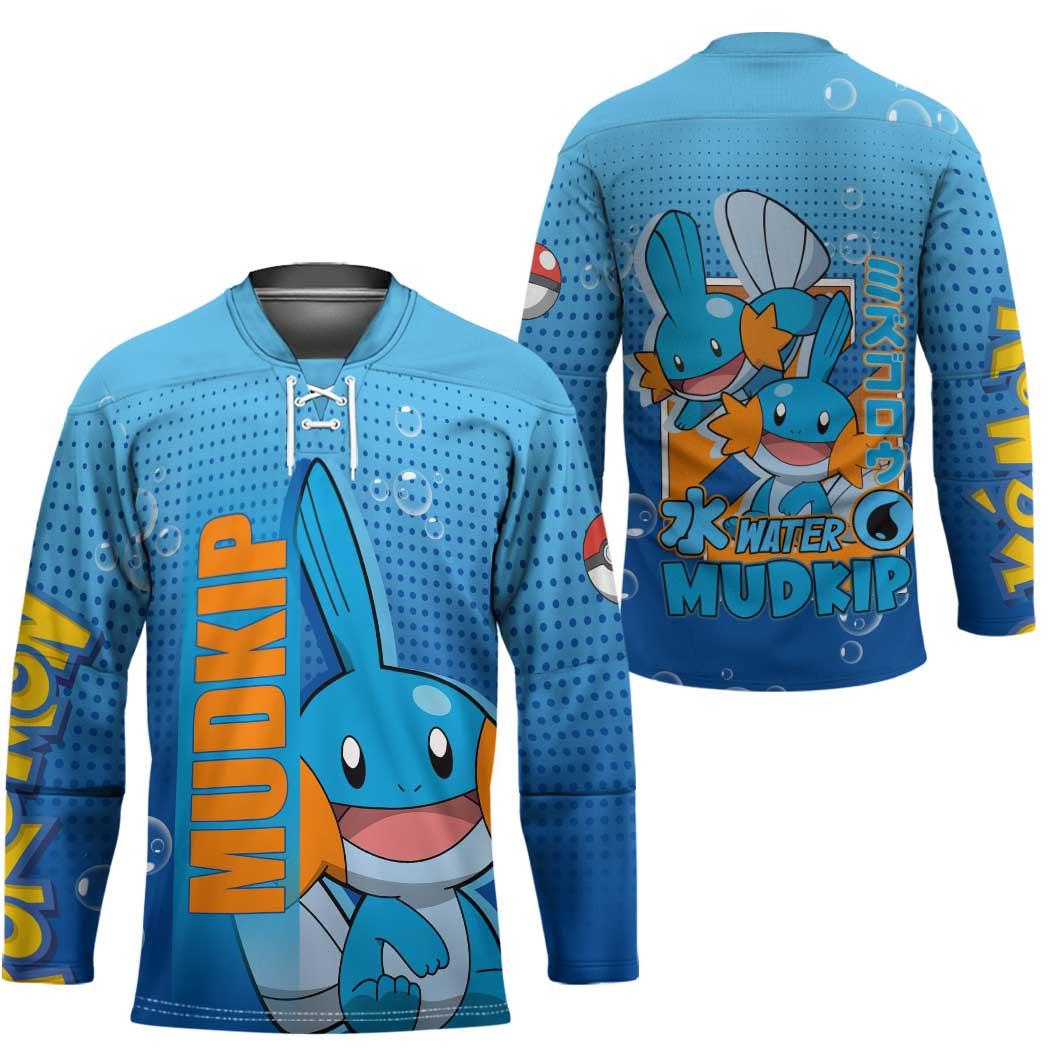 Mudkip from Poké Hockey Jersey with Water Type Ability and Playful Pose Design - The Mazicc