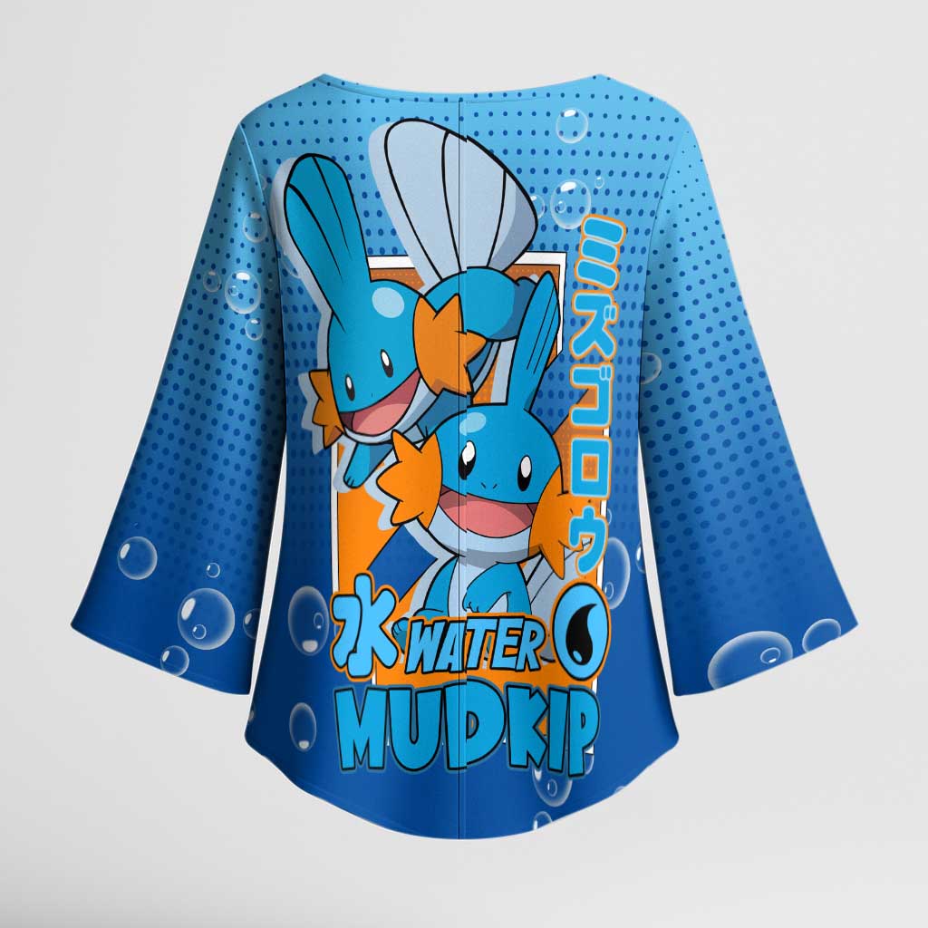 Mudkip from Poké Kimono Sleeve Blouse with Water Type Ability and Playful Pose Design - The Mazicc