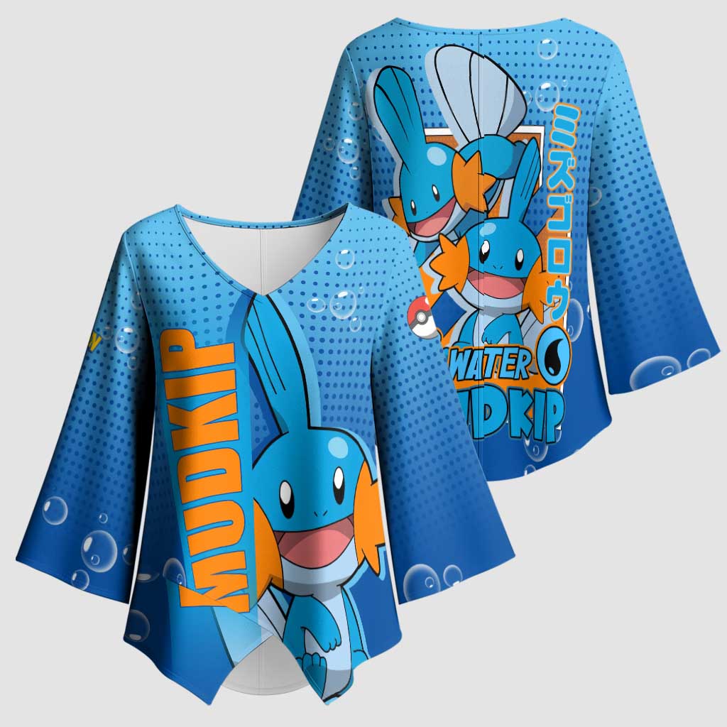 Mudkip from Poké Kimono Sleeve Blouse with Water Type Ability and Playful Pose Design - The Mazicc