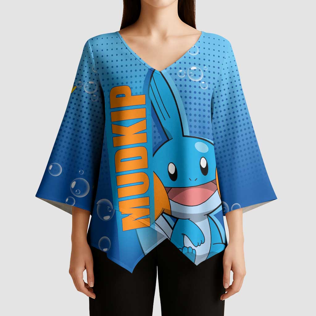 Mudkip from Poké Kimono Sleeve Blouse with Water Type Ability and Playful Pose Design - The Mazicc