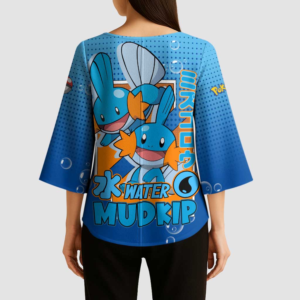 Mudkip from Poké Kimono Sleeve Blouse with Water Type Ability and Playful Pose Design - The Mazicc