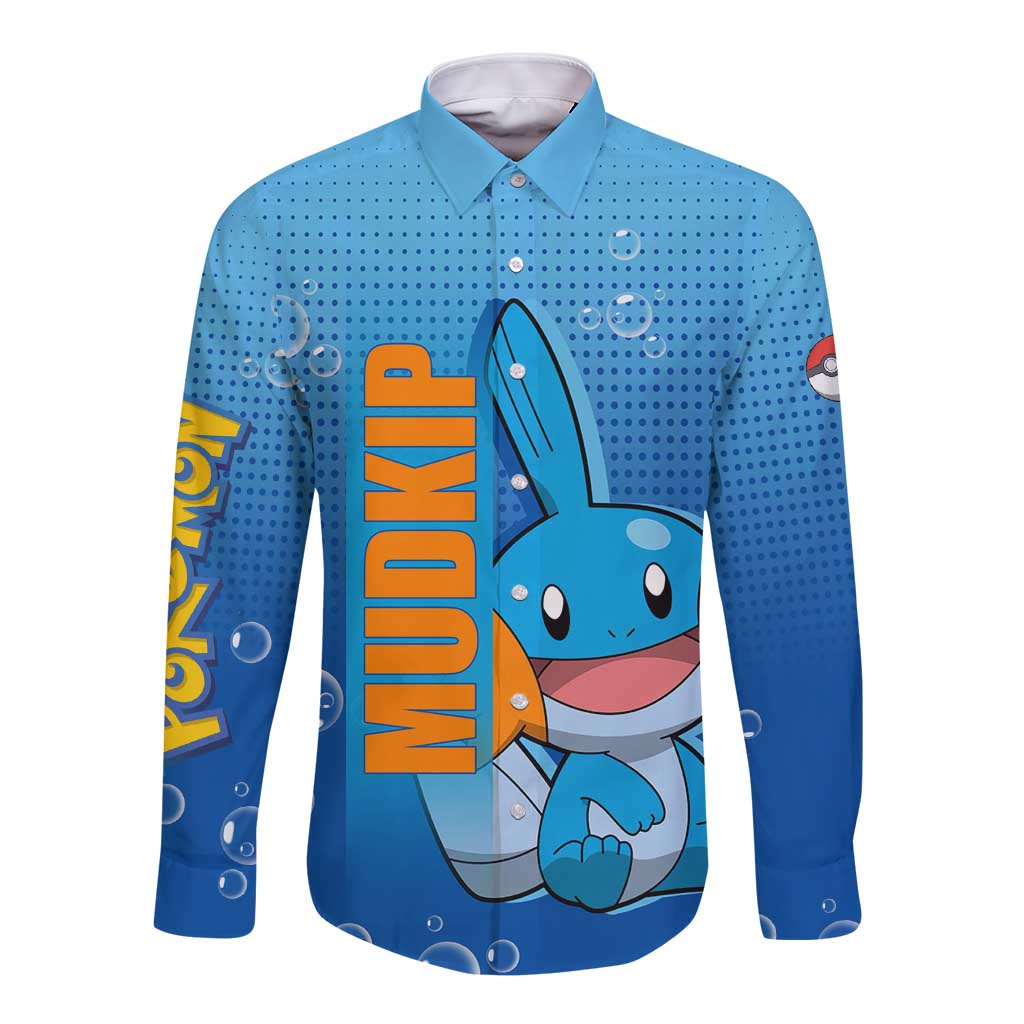 Mudkip from Poké Long Sleeve Button Shirt with Water Type Ability and Playful Pose Design - The Mazicc