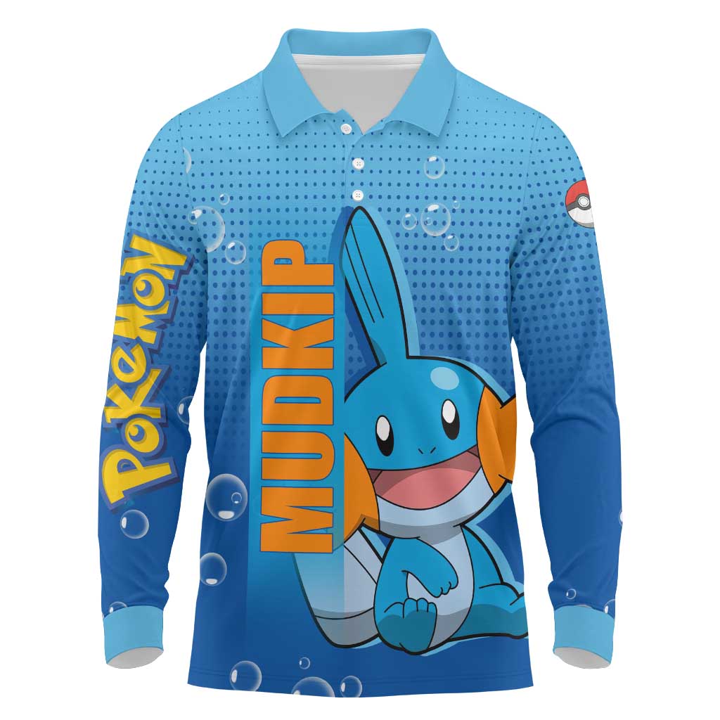 Mudkip from Poké Long Sleeve Polo Shirt with Water Type Ability and Playful Pose Design - The Mazicc