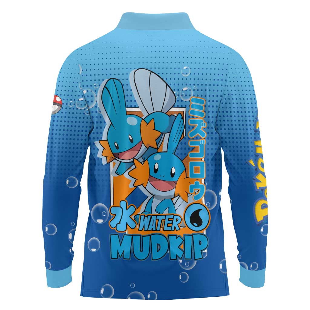 Mudkip from Poké Long Sleeve Polo Shirt with Water Type Ability and Playful Pose Design - The Mazicc