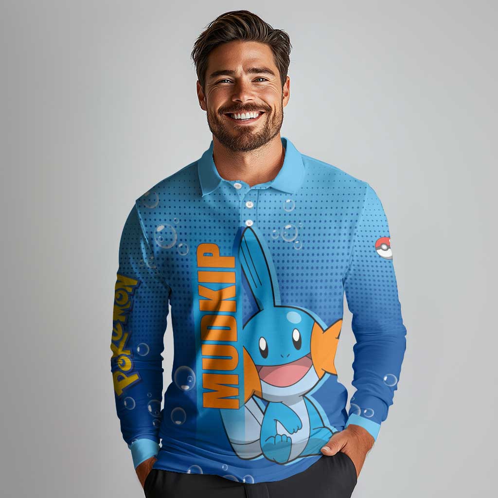 Mudkip from Poké Long Sleeve Polo Shirt with Water Type Ability and Playful Pose Design - The Mazicc