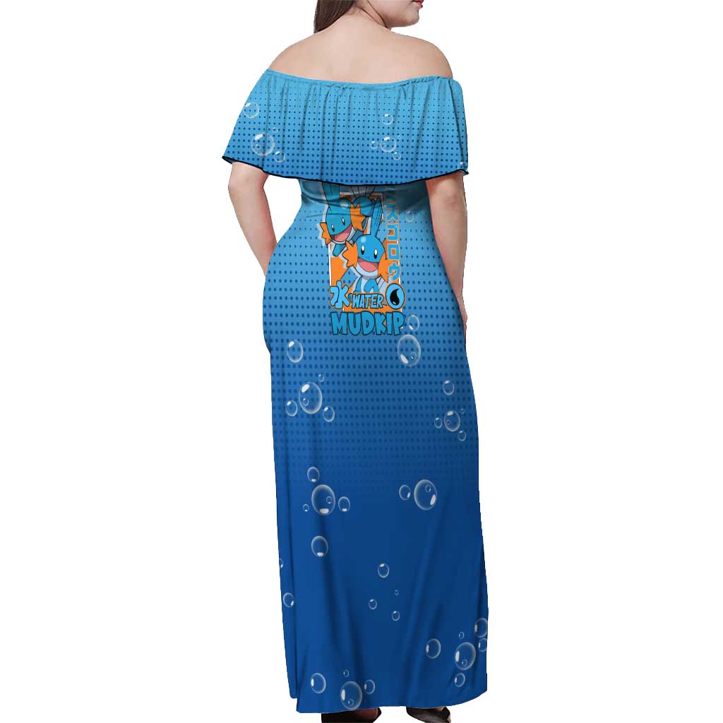 Mudkip from Poké Off Shoulder Maxi Dress with Water Type Ability and Playful Pose Design - The Mazicc