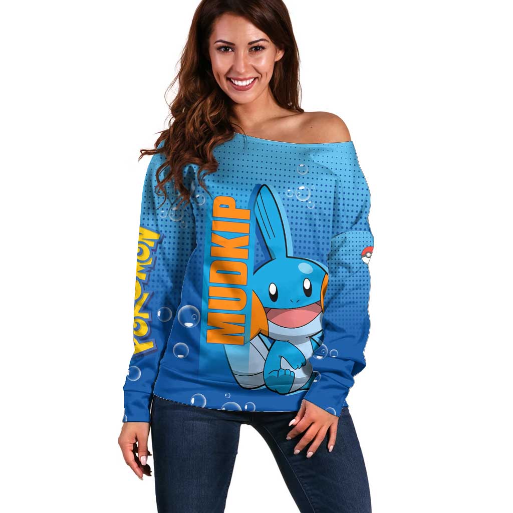 Mudkip from Poké Off Shoulder Sweater with Water Type Ability and Playful Pose Design - The Mazicc
