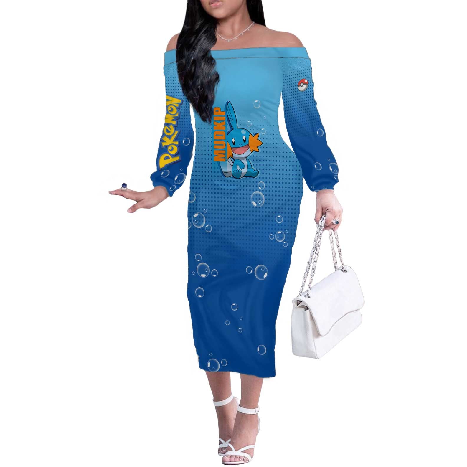Mudkip from Poké Off The Shoulder Long Sleeve Dress with Water Type Ability and Playful Pose Design - The Mazicc