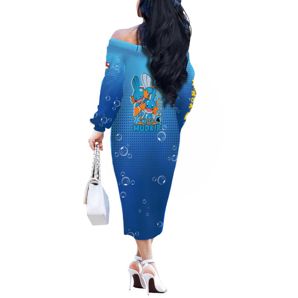 Mudkip from Poké Off The Shoulder Long Sleeve Dress with Water Type Ability and Playful Pose Design - The Mazicc