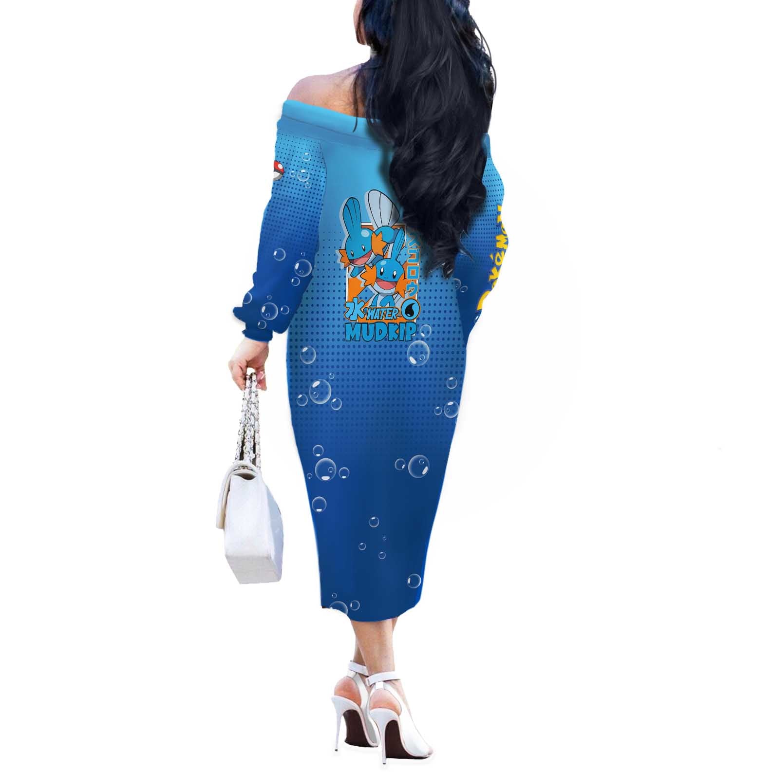 Mudkip from Poké Off The Shoulder Long Sleeve Dress with Water Type Ability and Playful Pose Design - The Mazicc