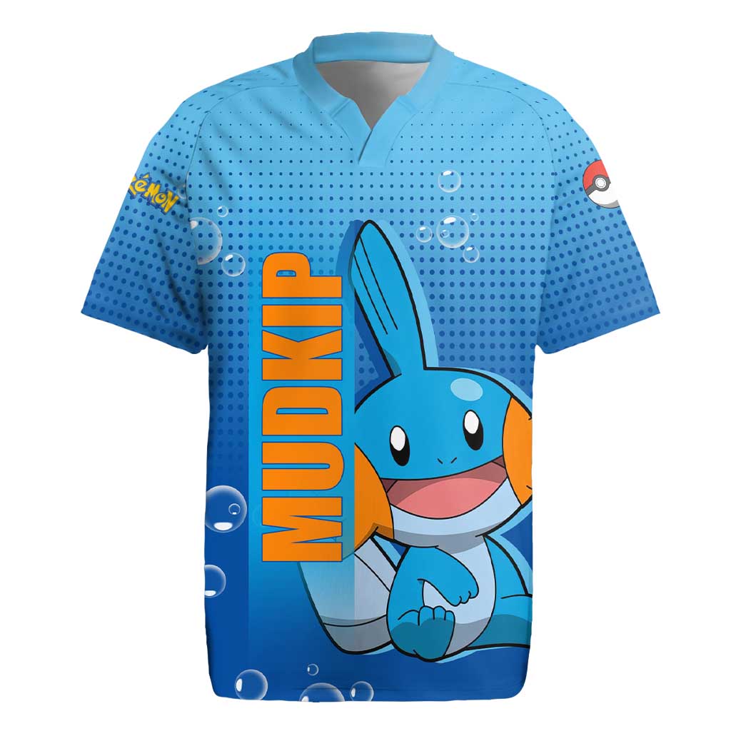 Mudkip from Poké Rugby Jersey with Water Type Ability and Playful Pose Design - The Mazicc