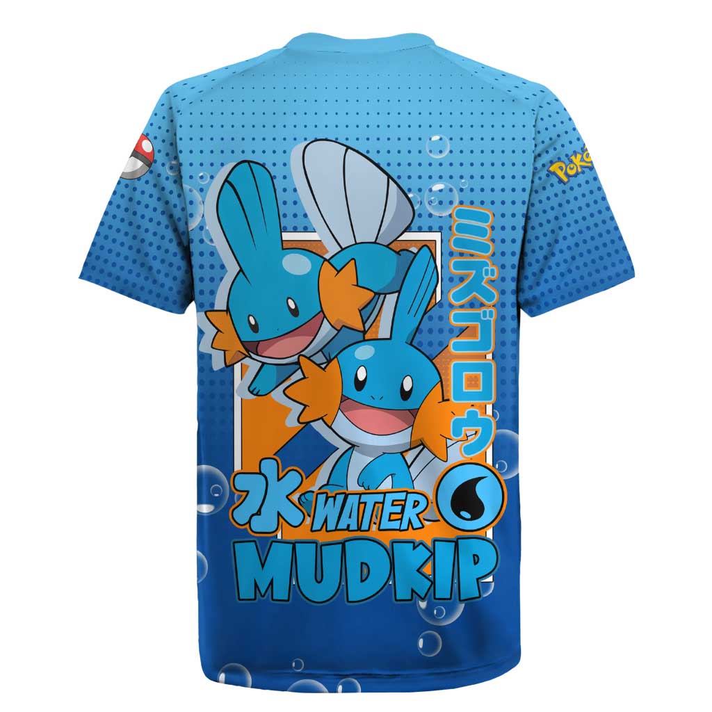 Mudkip from Poké Rugby Jersey with Water Type Ability and Playful Pose Design - The Mazicc