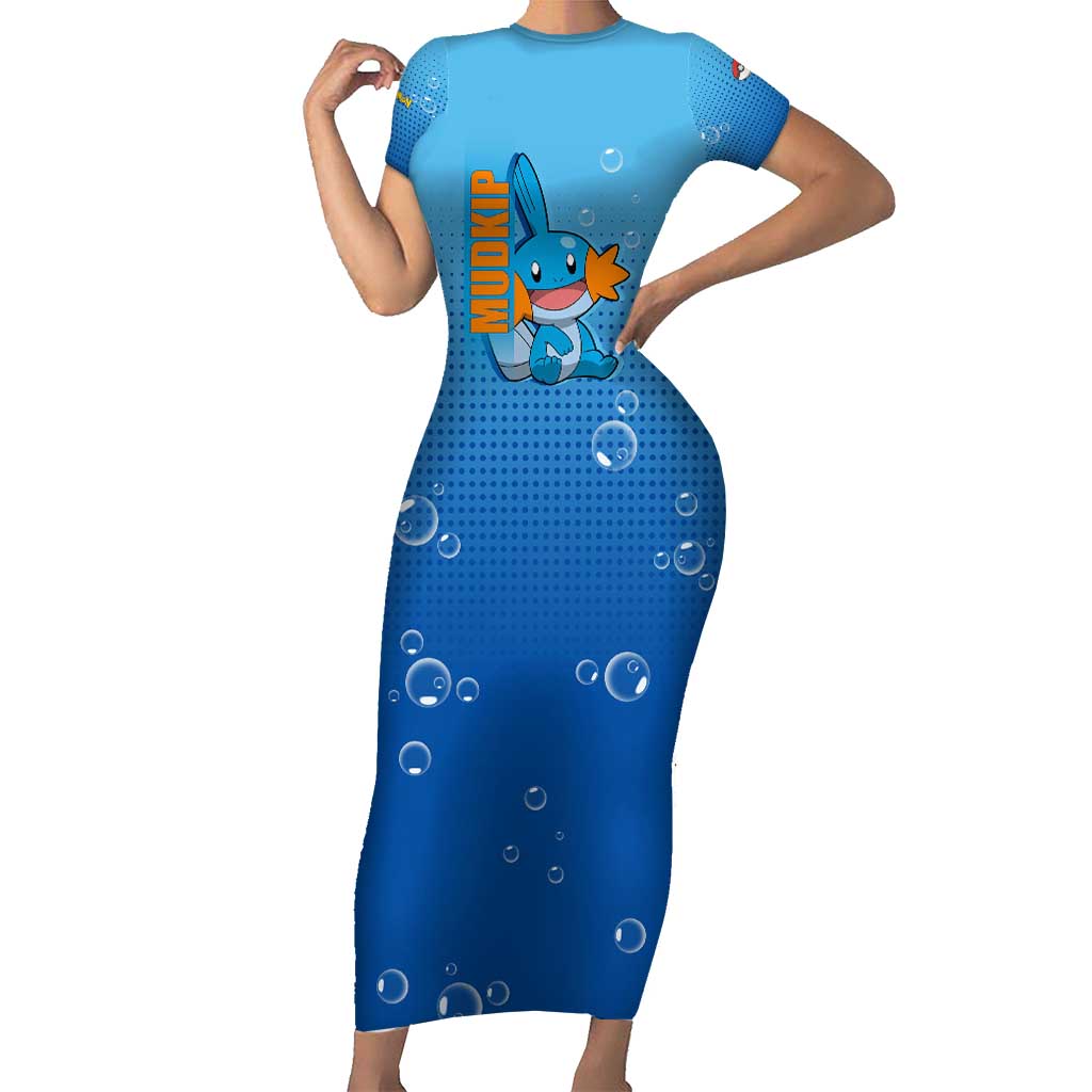Mudkip from Poké Short Sleeve Bodycon Dress with Water Type Ability and Playful Pose Design - The Mazicc