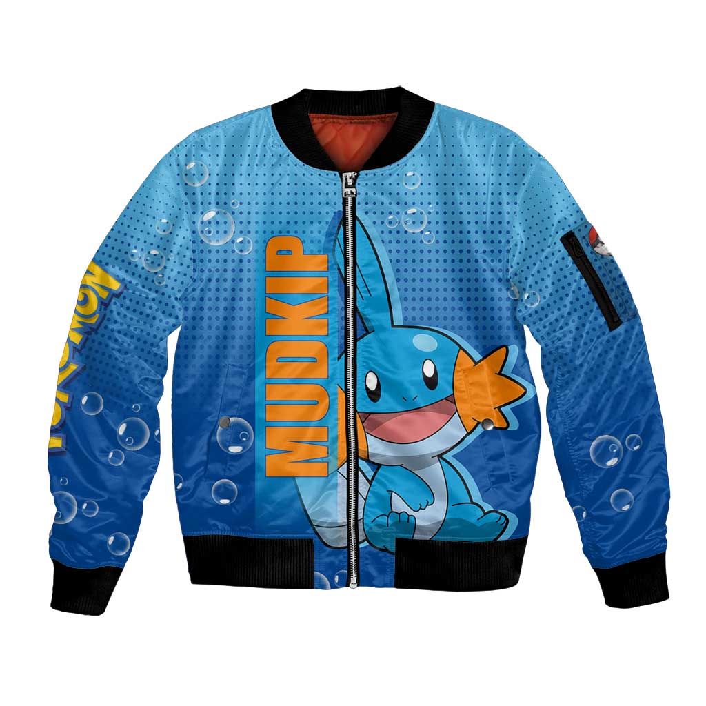 Mudkip from Poké Sleeve Zip Bomber Jacket with Water Type Ability and Playful Pose Design - The Mazicc