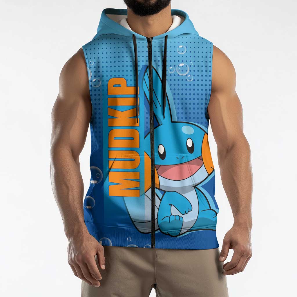 Mudkip from Poké Sleeveless Zip Hoodie with Water Type Ability and Playful Pose Design - The Mazicc