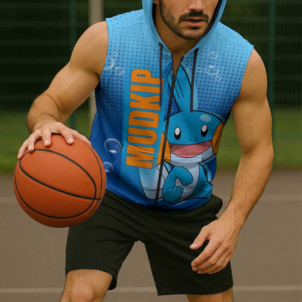 Mudkip from Poké Sleeveless Zip Hoodie with Water Type Ability and Playful Pose Design - The Mazicc