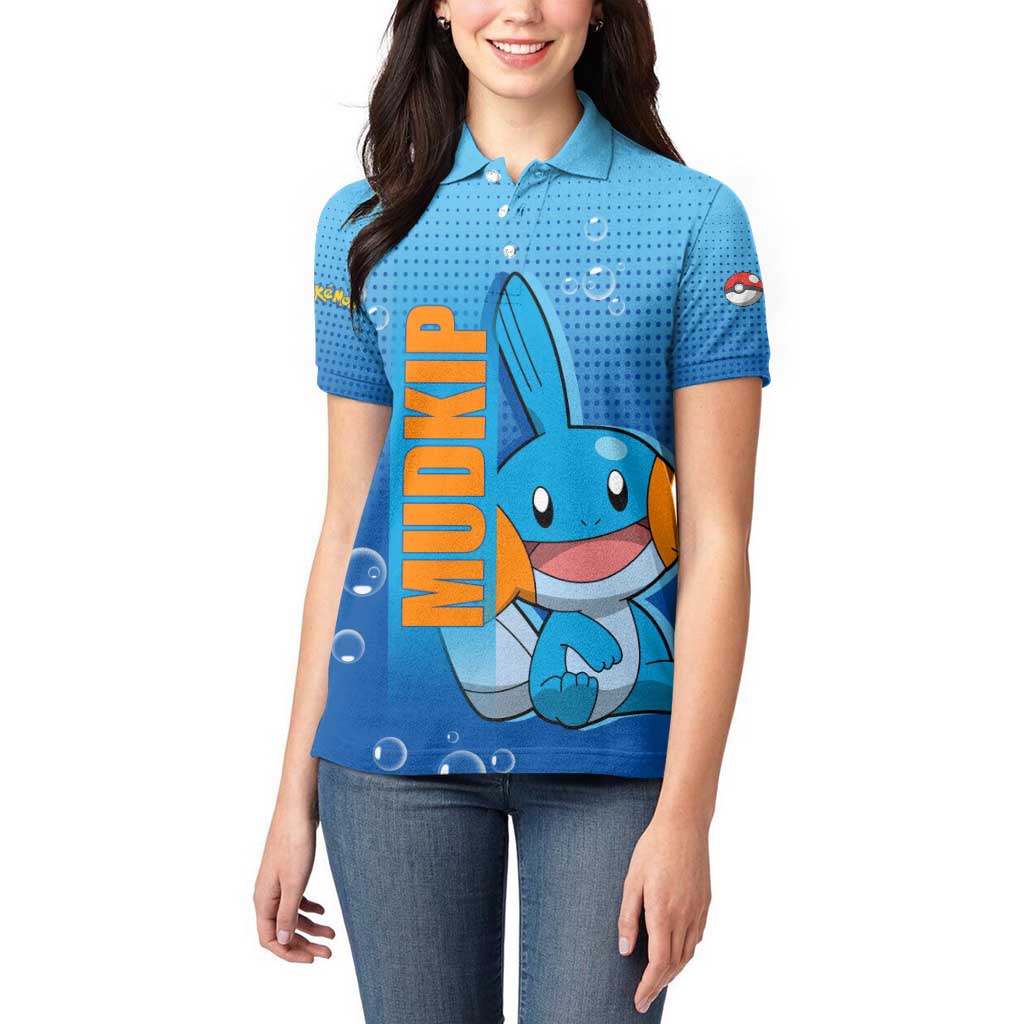 Mudkip from Poké Women Polo Shirt with Water Type Ability and Playful Pose Design - The Mazicc