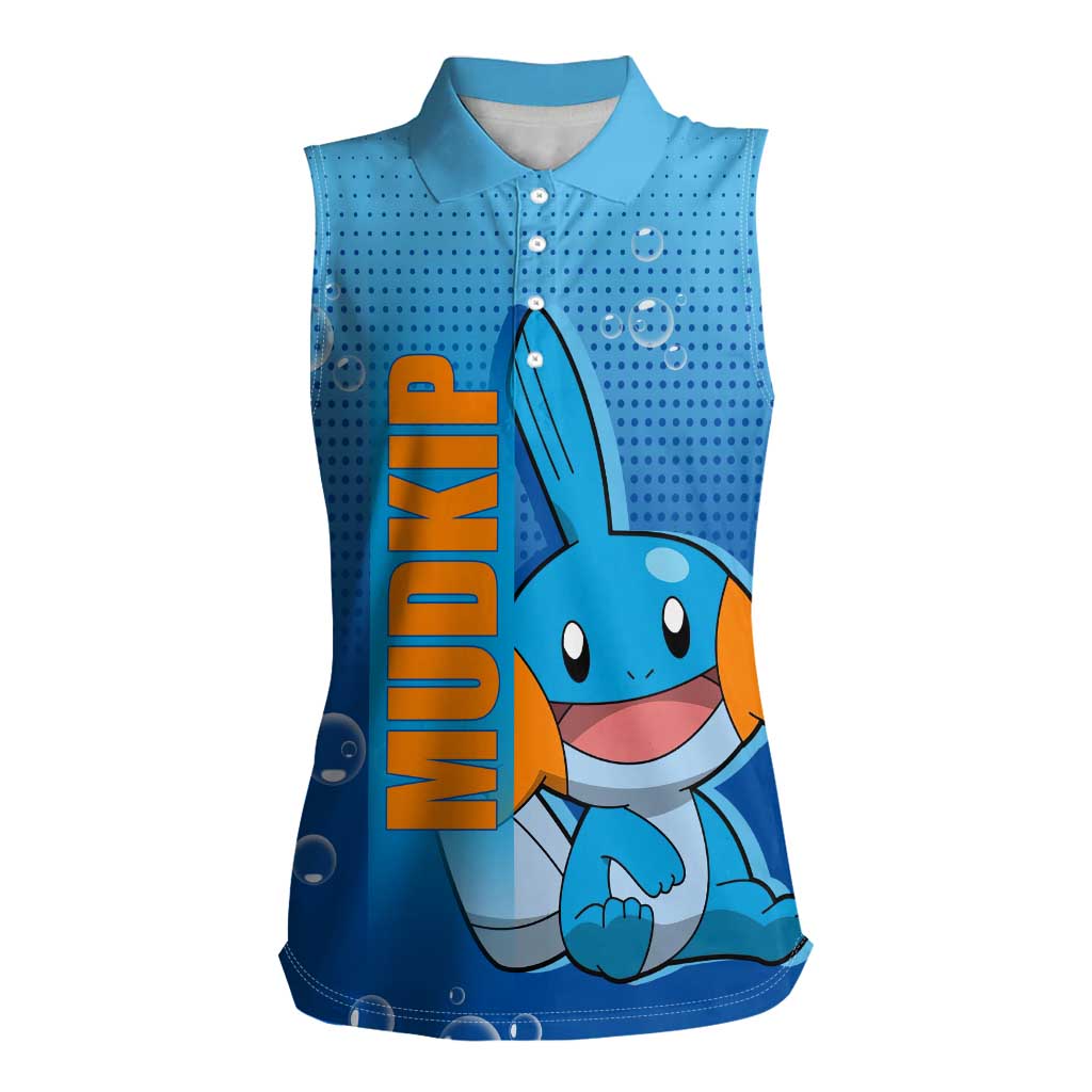Mudkip from Poké Women Sleeveless Polo Shirt with Water Type Ability and Playful Pose Design - The Mazicc