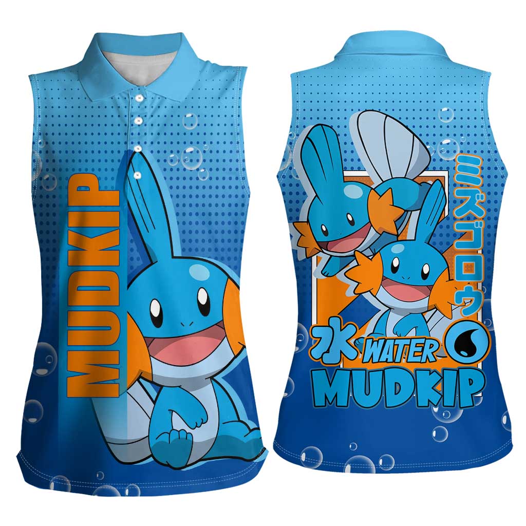 Mudkip from Poké Women Sleeveless Polo Shirt with Water Type Ability and Playful Pose Design - The Mazicc