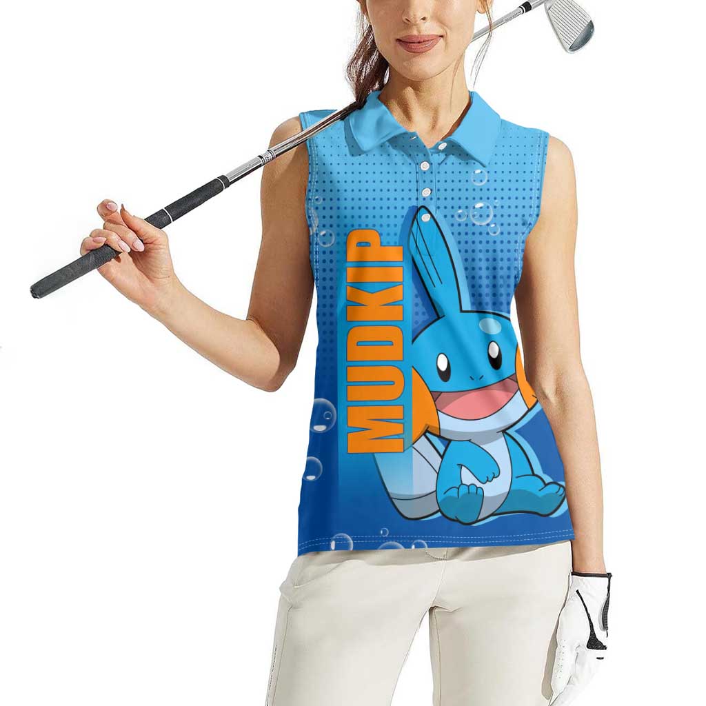 Mudkip from Poké Women Sleeveless Polo Shirt with Water Type Ability and Playful Pose Design - The Mazicc