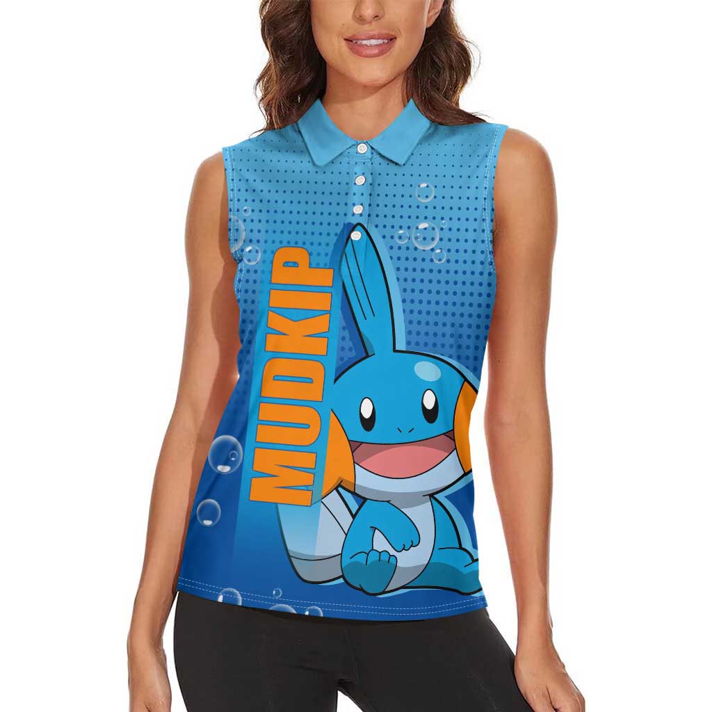 Mudkip from Poké Women Sleeveless Polo Shirt with Water Type Ability and Playful Pose Design - The Mazicc