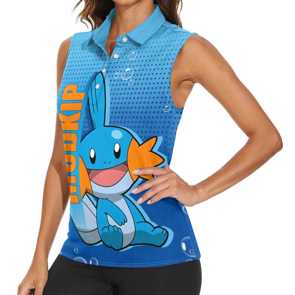 Mudkip from Poké Women Sleeveless Polo Shirt with Water Type Ability and Playful Pose Design - The Mazicc