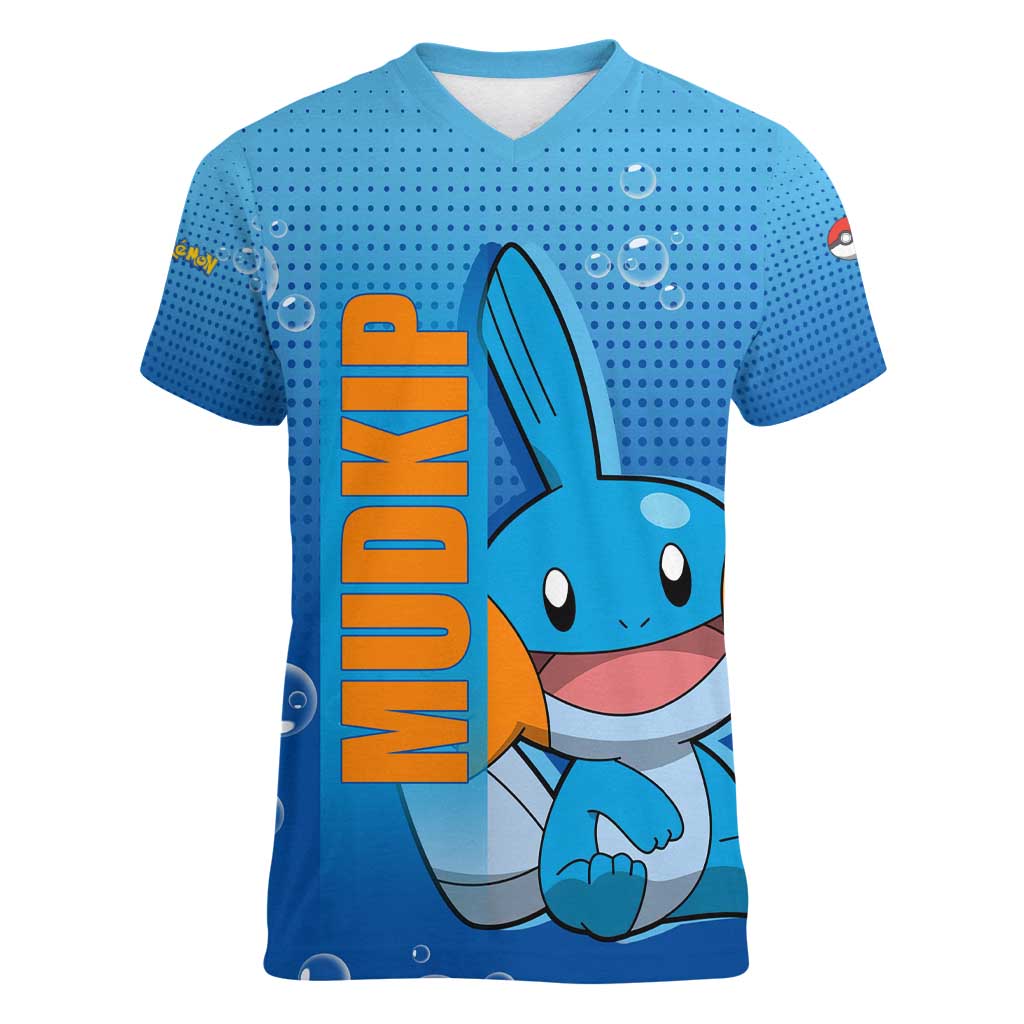 Mudkip from Poké Women V-Neck T-Shirt with Water Type Ability and Playful Pose Design - The Mazicc