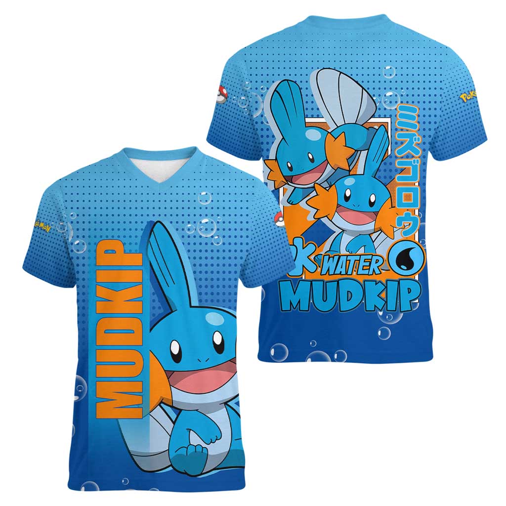 Mudkip from Poké Women V-Neck T-Shirt with Water Type Ability and Playful Pose Design - The Mazicc