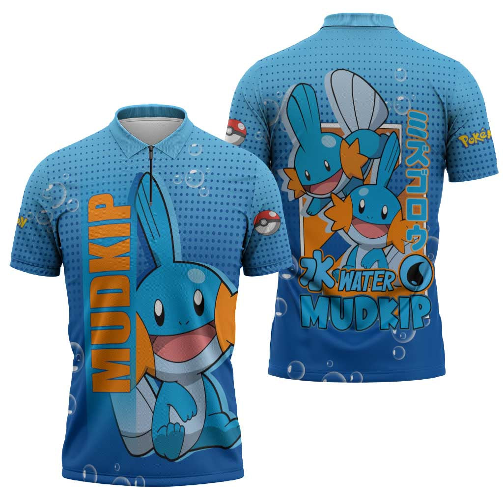 Mudkip from Poké Zipper Polo Shirt with Water Type Ability and Playful Pose Design - The Mazicc