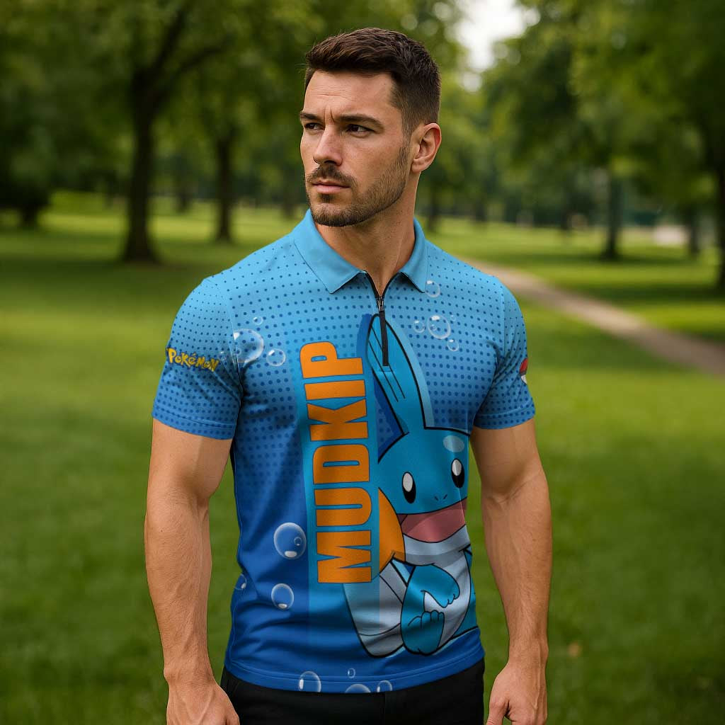 Mudkip from Poké Zipper Polo Shirt with Water Type Ability and Playful Pose Design - The Mazicc