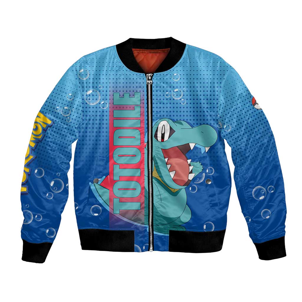 Totodile from Poké Bomber Jacket with Water Type Power and Playful Pose Design - The Mazicc