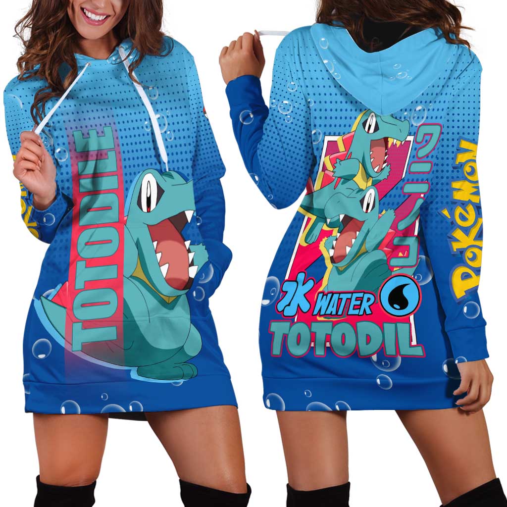 Totodile from Poké Hoodie Dress with Water Type Power and Playful Pose Design - The Mazicc