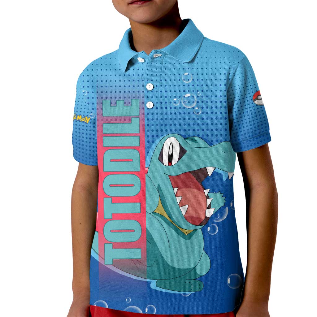 Totodile from Poké Kid Polo Shirt with Water Type Power and Playful Pose Design - The Mazicc