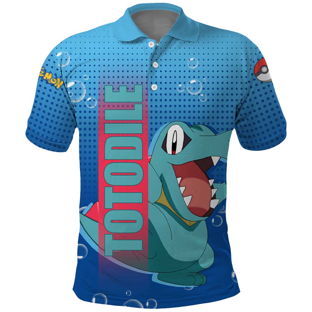 Totodile from Poké Polo Shirt with Water Type Power and Playful Pose Design - The Mazicc