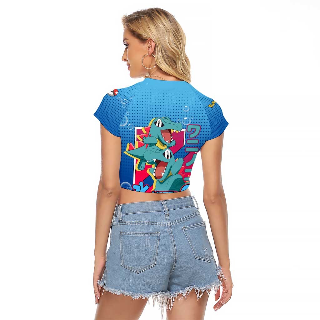 Totodile from Poké Raglan Cropped T Shirt with Water Type Power and Playful Pose Design - The Mazicc
