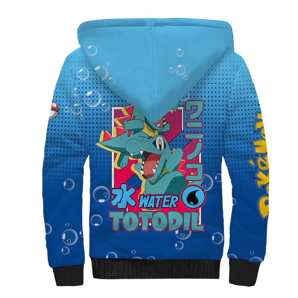 Totodile from Poké Sherpa Hoodie with Water Type Power and Playful Pose Design - The Mazicc