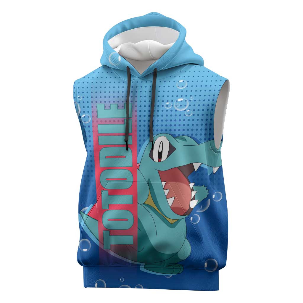 Totodile from Poké Sleeveless Hoodie with Water Type Power and Playful Pose Design - The Mazicc