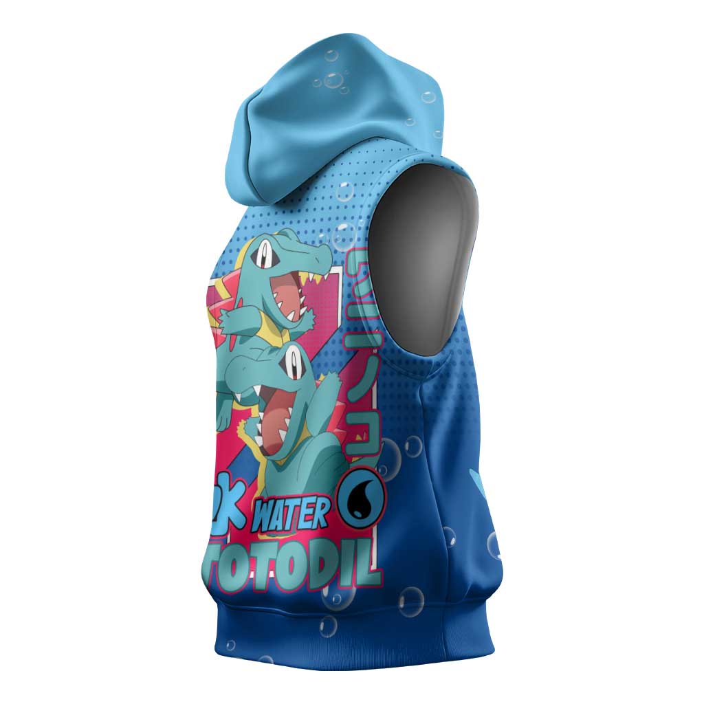 Totodile from Poké Sleeveless Hoodie with Water Type Power and Playful Pose Design - The Mazicc